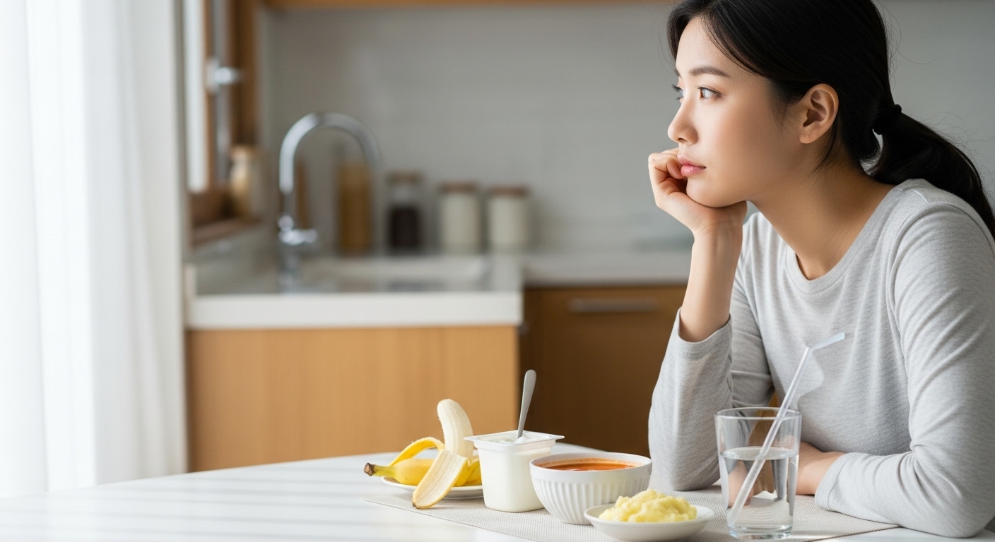 젊은 여성이 부드러운 음식들을 보며 고민하는 모습