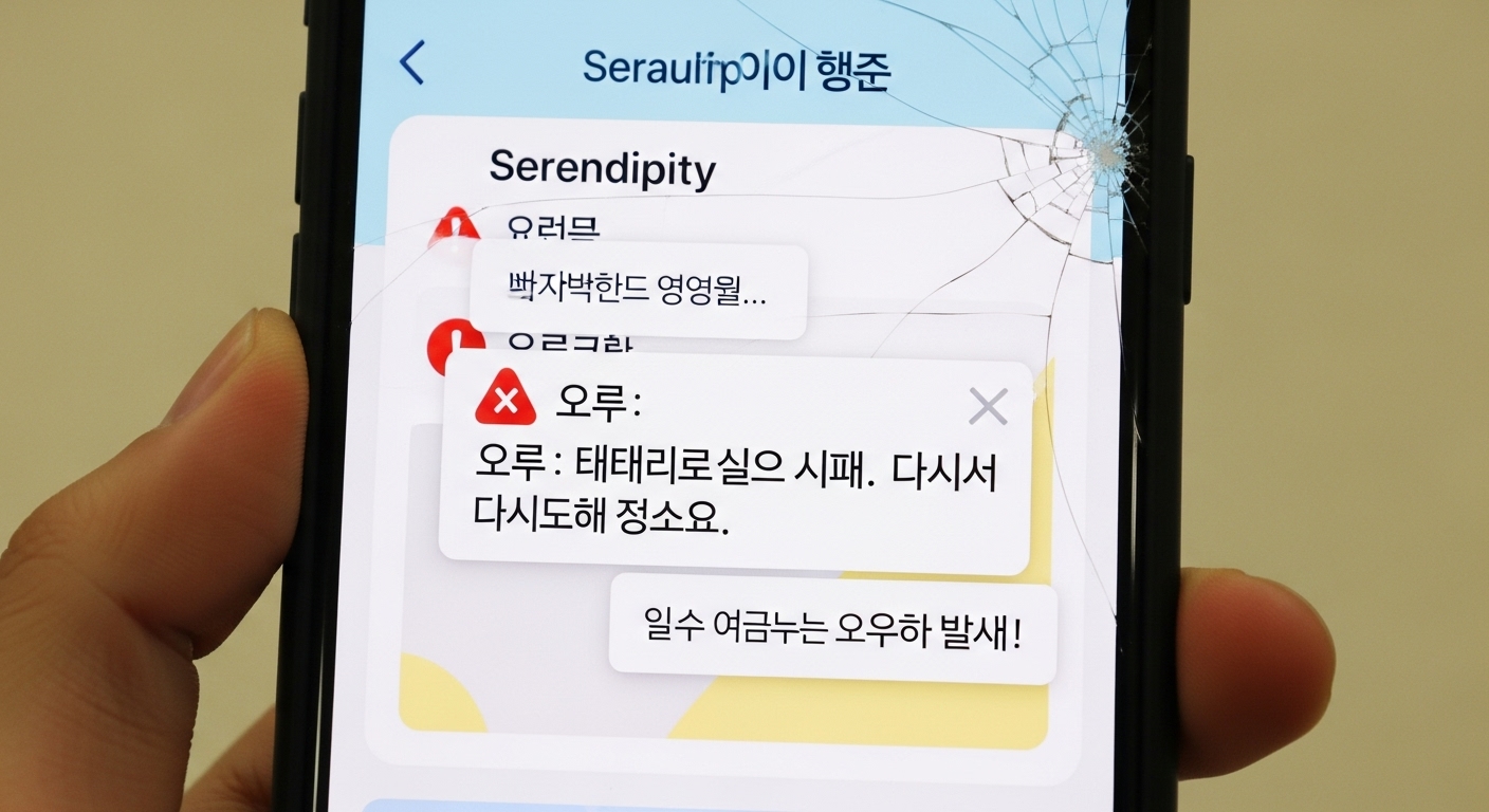 어휘 퀴즈 앱에서 혼란스러운 오류 메시지를 보여주는 모바일 화면