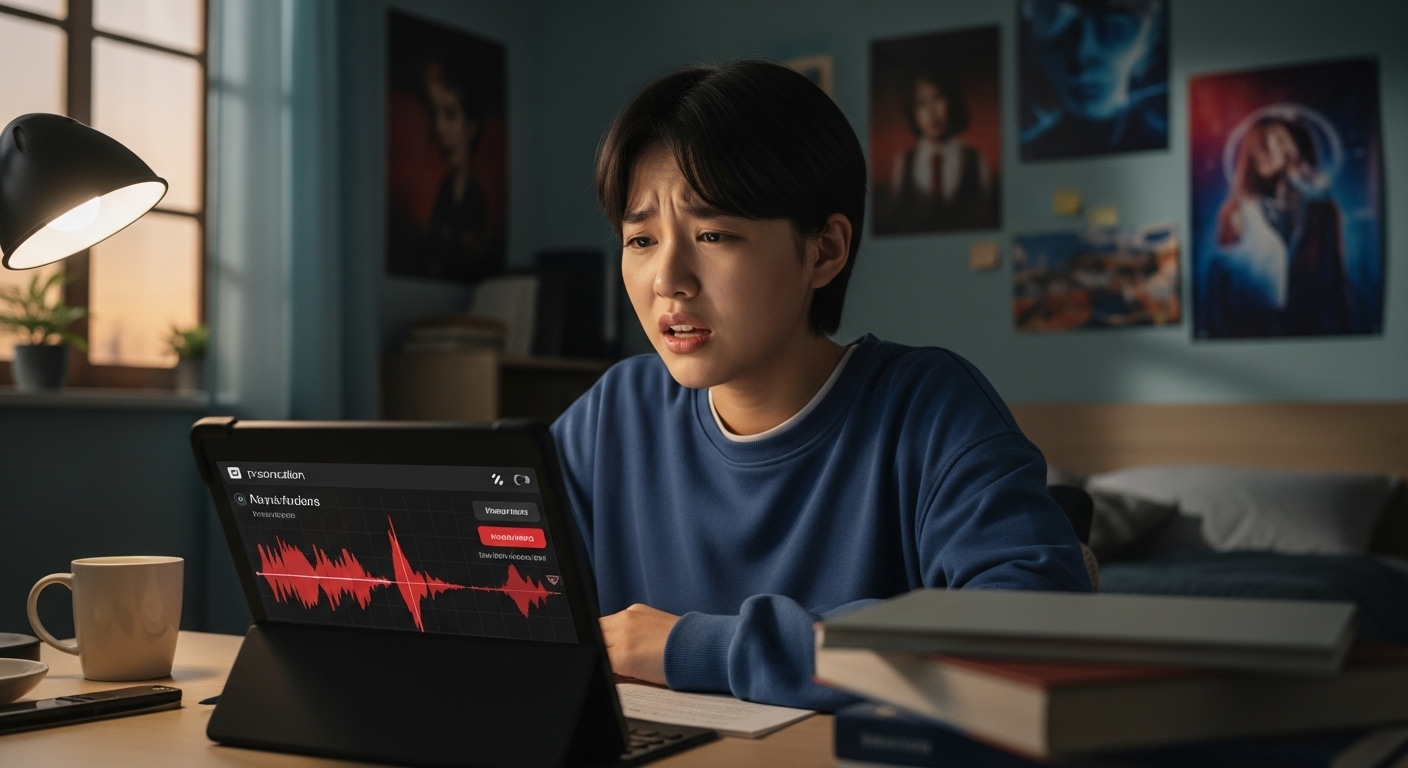AI 기반 언어 앱으로 발음을 연습하며 실망한 학생과 피드백 화면