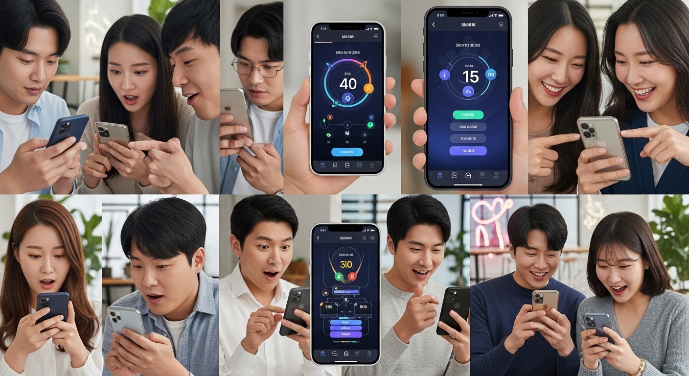 현대적인 한국 사용자들이 스마트폰으로 디지털 앱 이벤트에 참여하는 모습