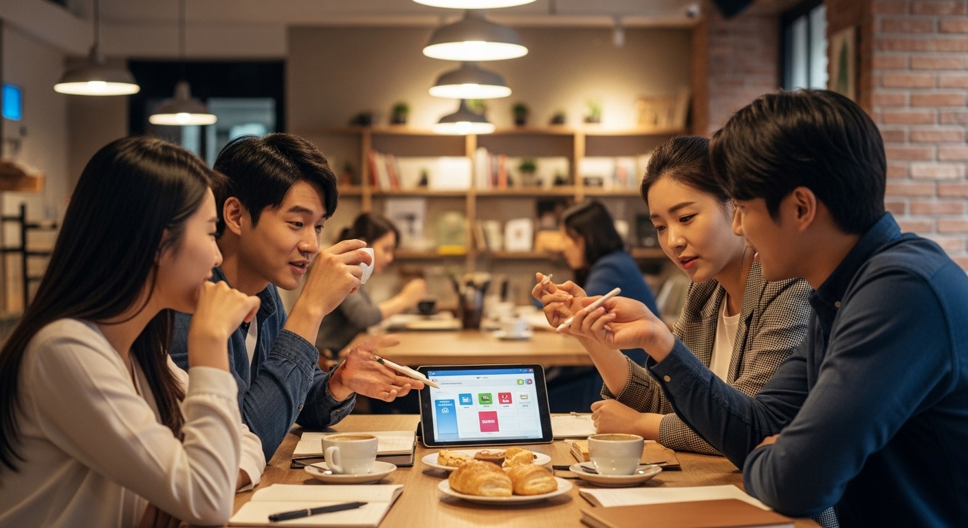 카페에서 커피를 마시며 퀴즈 전략을 논의하는 친구들