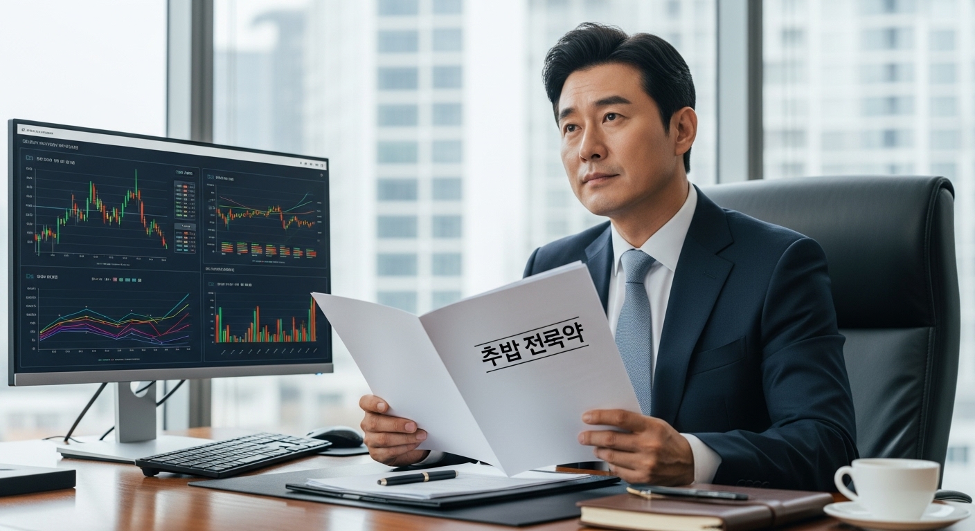 사업가가 추납 전략 문서를 검토하는 장면