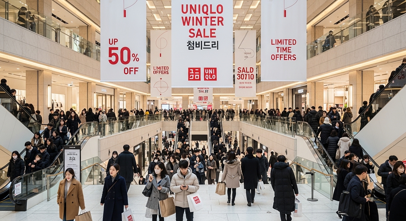 현대적인 한국 백화점에서 진행된 유니클로 겨울 할인 행사