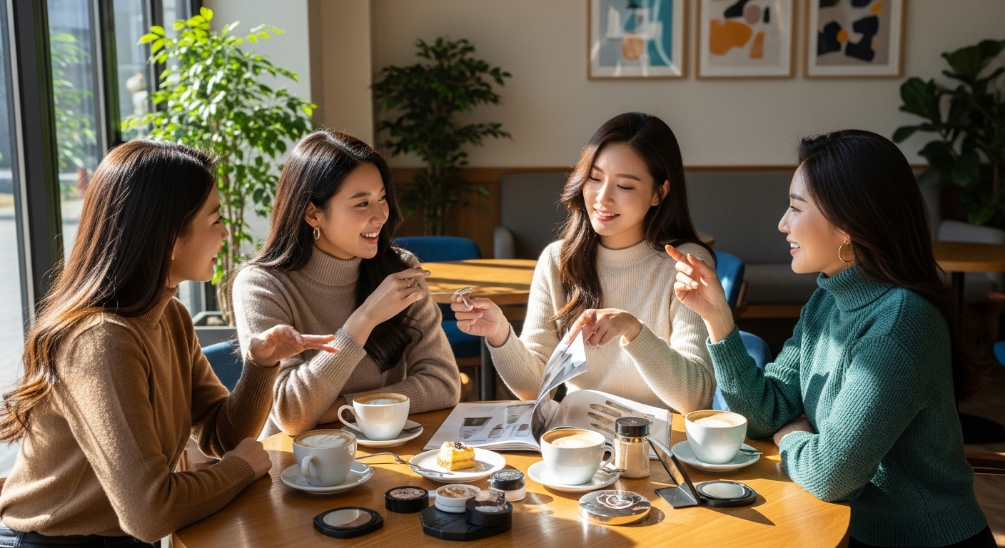 카페에서 스킨케어에 대해 이야기하는 여성들