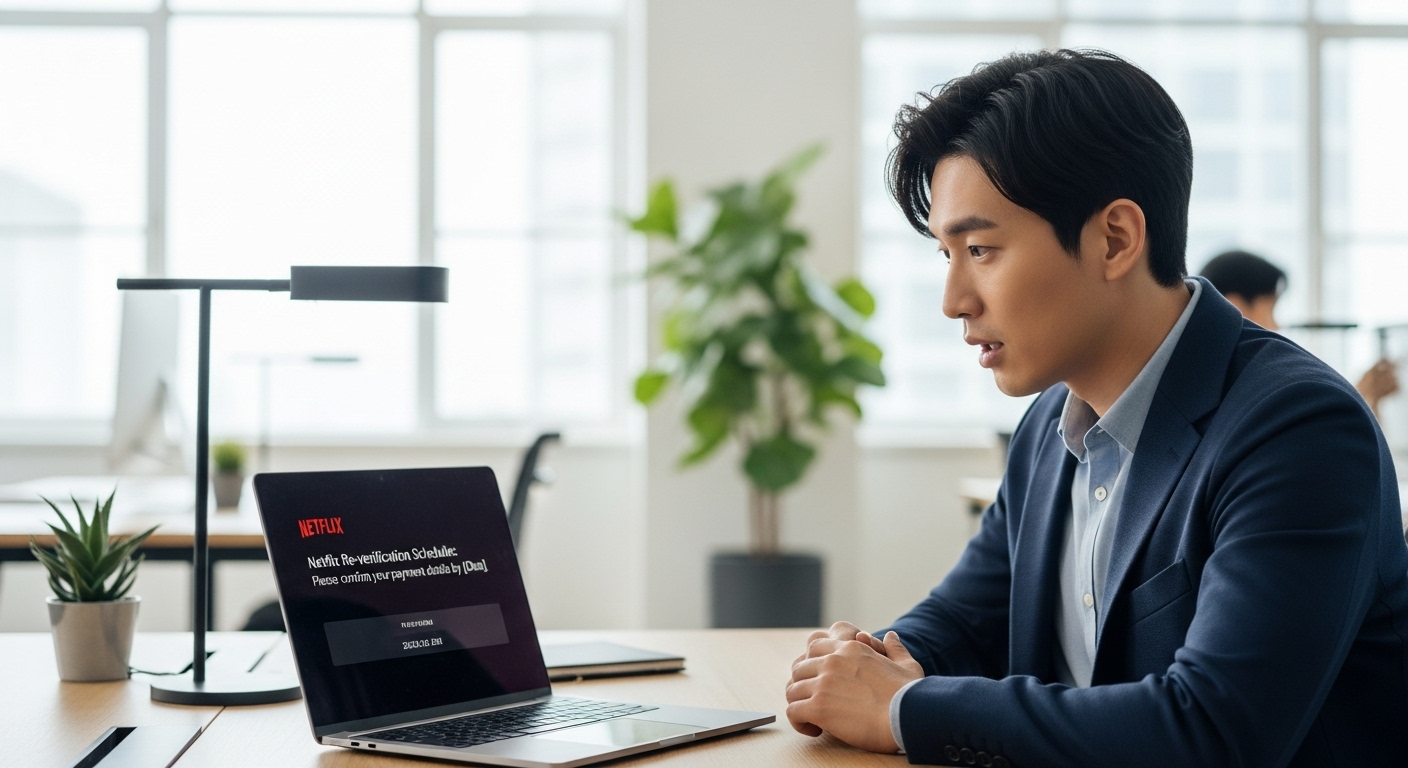 노트북으로 넷플릭스 재인증 일정 알림을 받는 직장인의 사무실 풍경