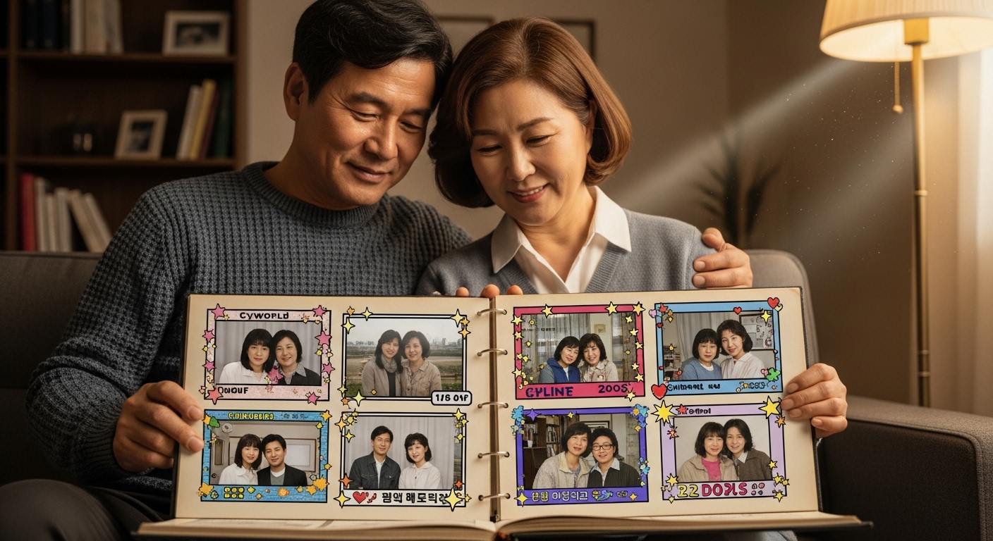 옛날 사진첩을 보며 싸이월드 스타일로 추억하는 중년 부부