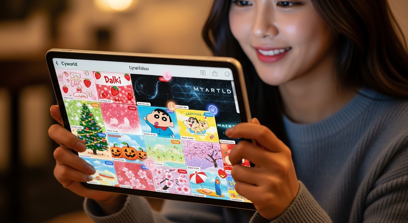 한정판 스킨과 계절 아이템을 담은 디지털 스크랩북을 들고 있는 젊은 여성