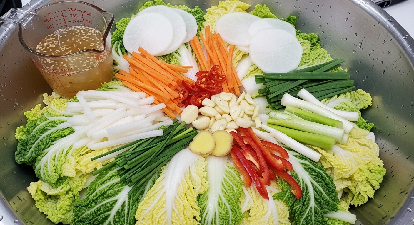 큰 그릇에 절여진 배추와 정확히 계량된 재료들로 이루어진 백김치 준비 과정