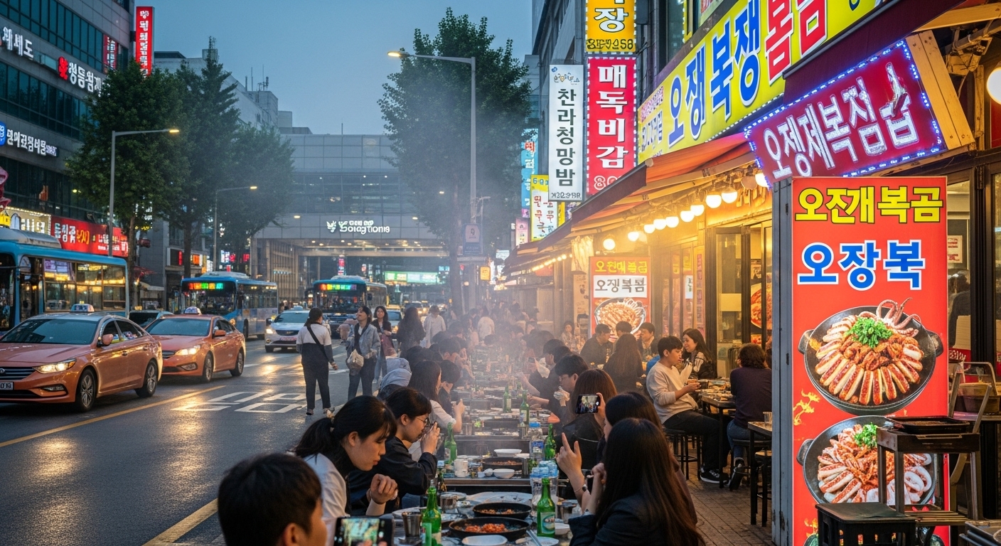 수원 영통역 근처에서 인기 있는 오징어볶음 맛집들이 모여 있는 활기찬 거리