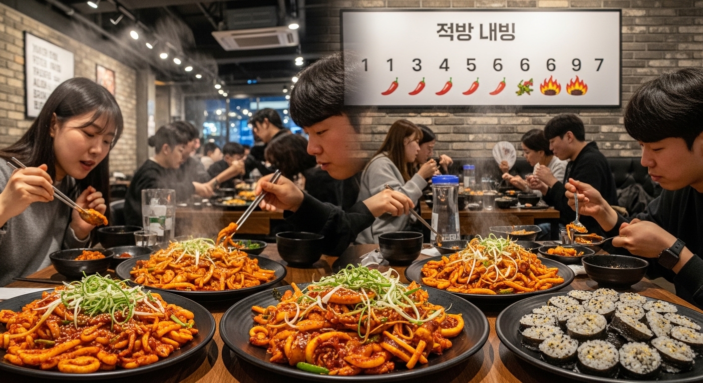 젊은 사람들이 다양한 매운맛 단계가 있는 메뉴를 보고 있는 모습