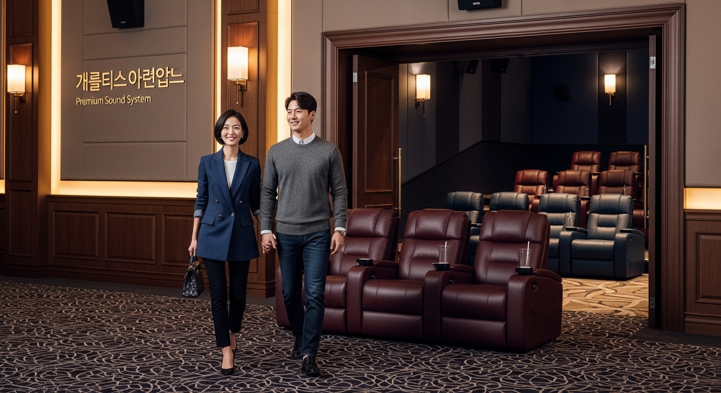 고급 영화관에 들어가는 커플의 모습과 우수한 음향 시설 강조