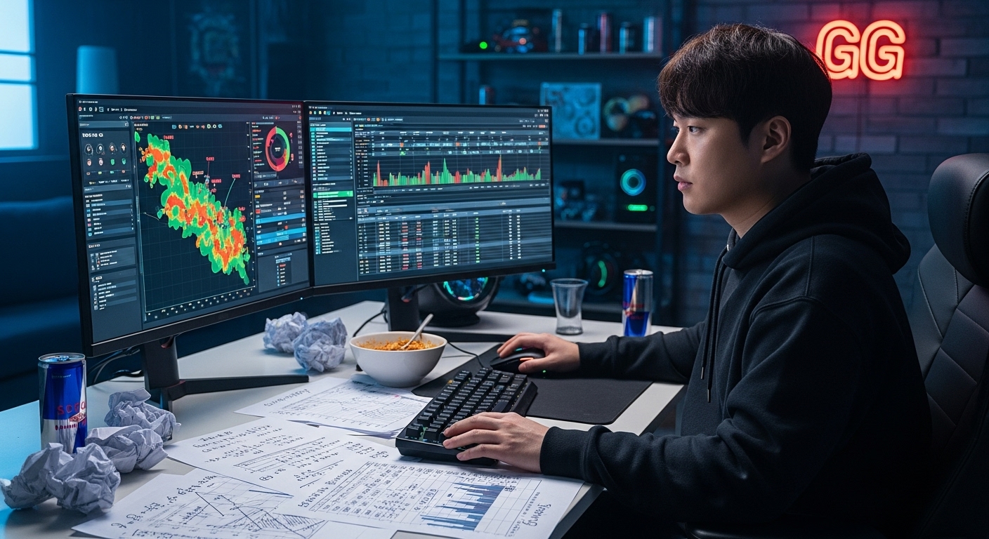 게임 데이터와 시스템 오류 분석 자료가 있는 모니터 앞에 앉은 남성 게이머