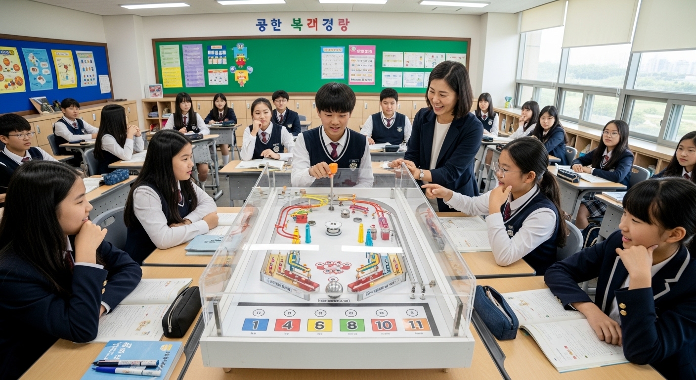 교실에서 조 편성을 위해 핀볼사다리게임을 하는 학생들