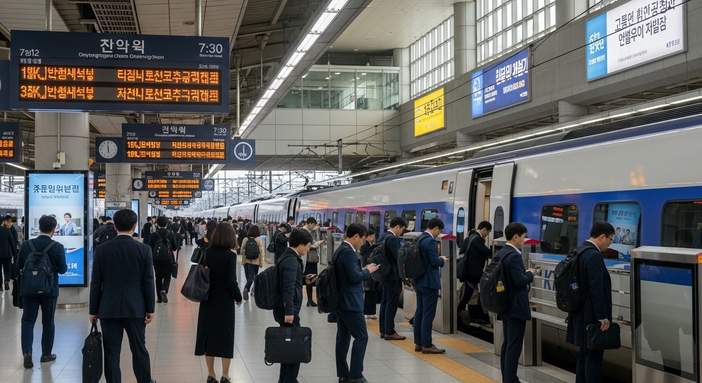 이른 아침 혼잡한 온양온천역의 출퇴근 풍경