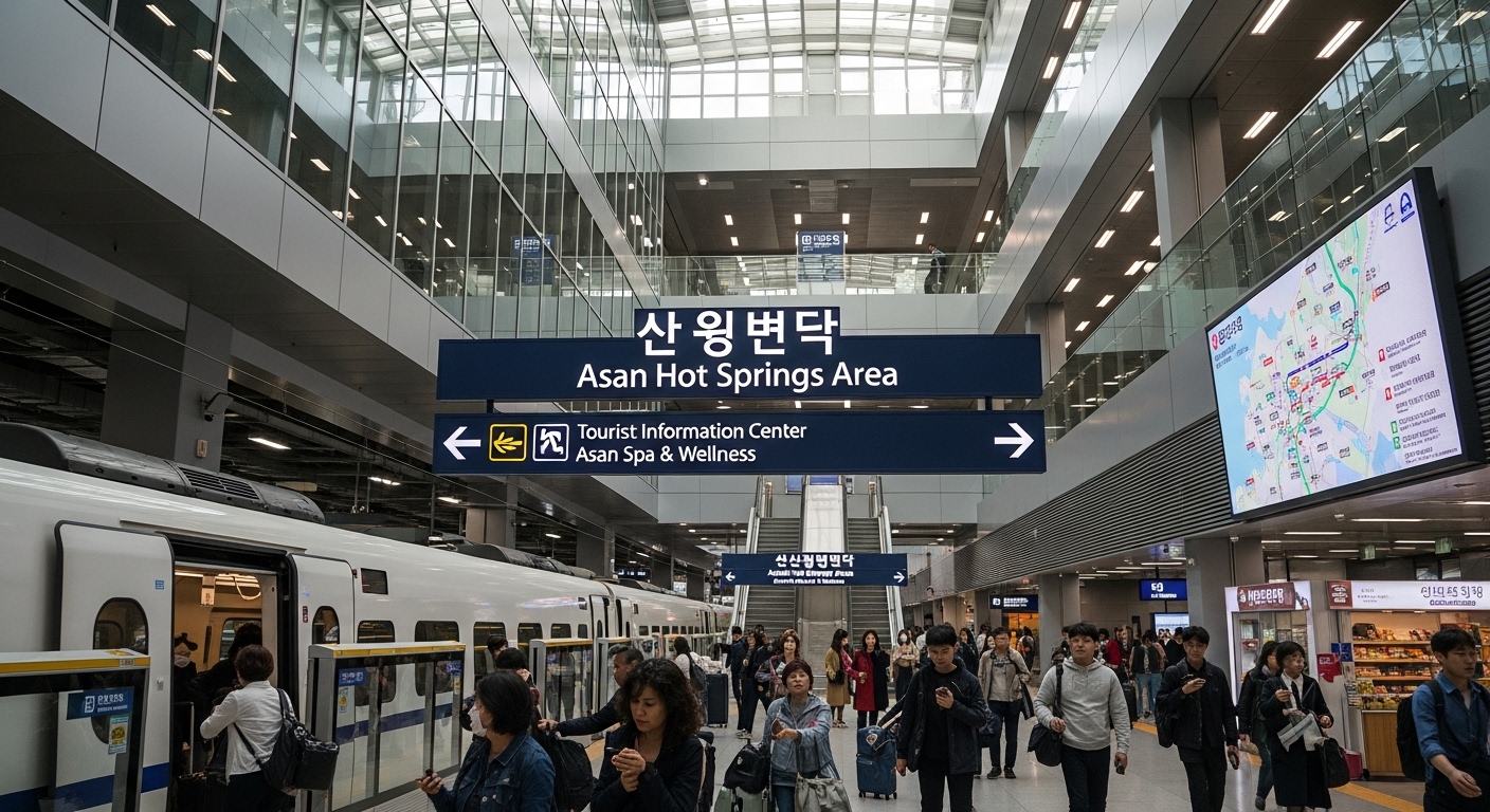 아산의 온천 관광지를 향하는 관광객들로 붐비는 환승역