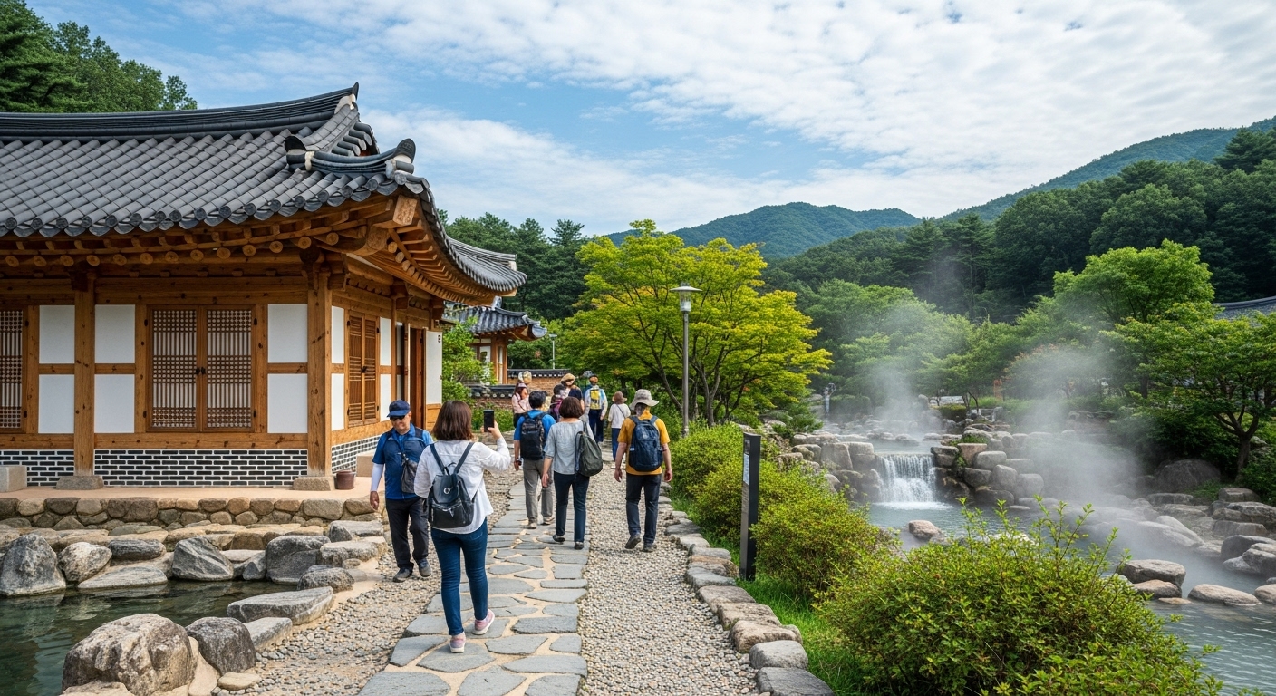 아산의 온천 지역을 탐방하는 관광객들과 주변 전통 건축물