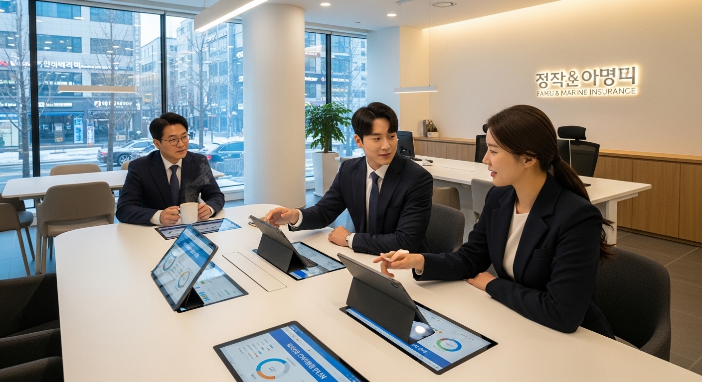 현대적인 사무실에서 보험 상담원들이 새로운 겨울철 보장 계획을 논의하는 장면