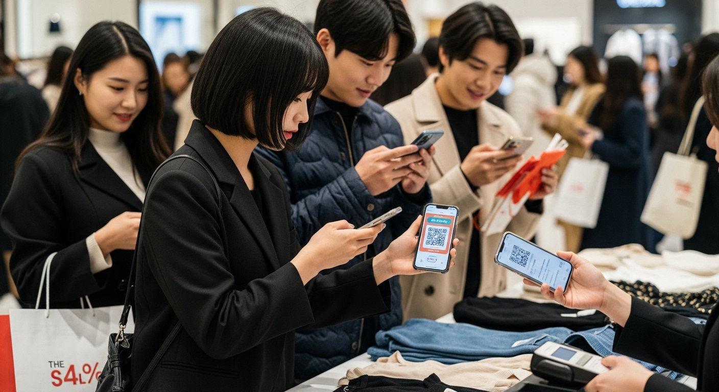 스마트폰으로 빠르고 효율적인 구매를 하는 젊은 쇼핑객들