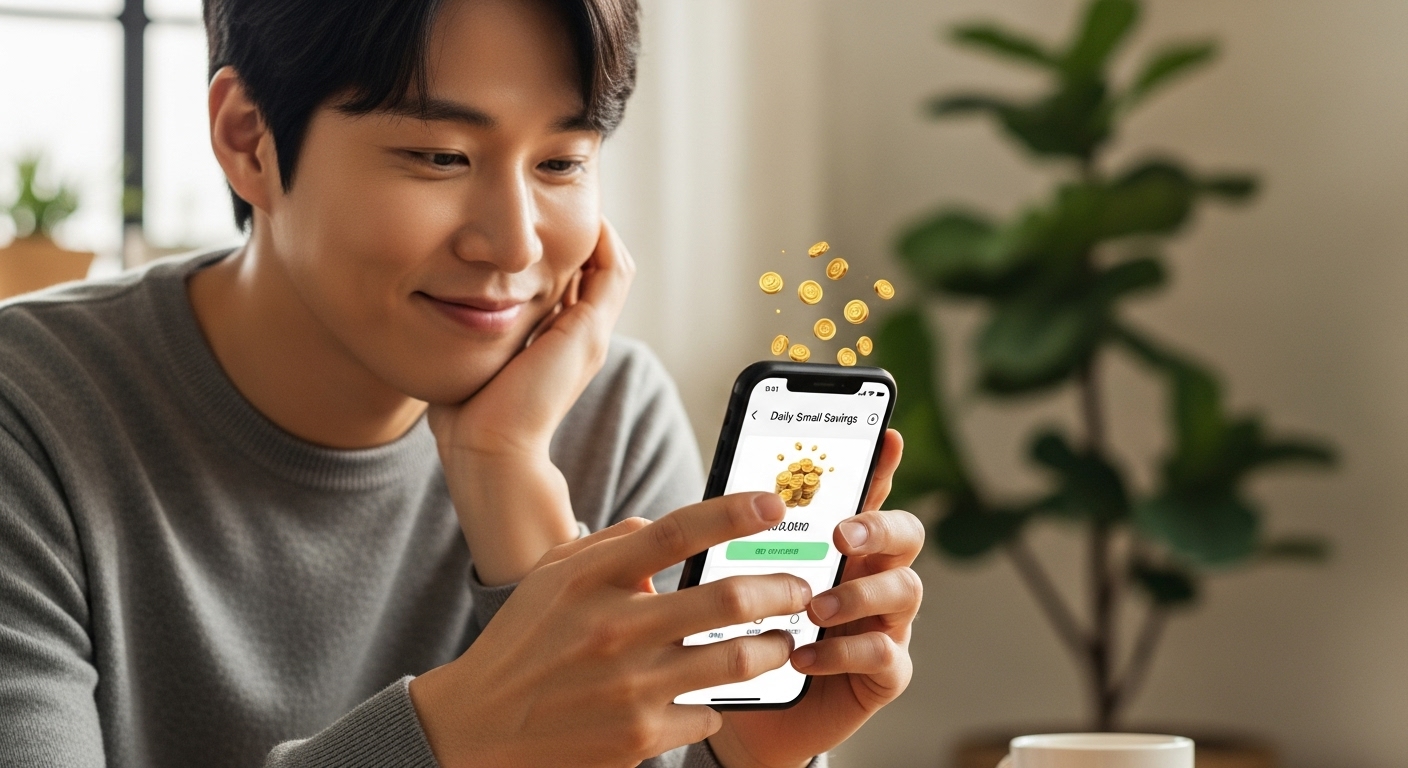 스마트폰 앱을 통해 매일 소액을 저축하며 즐거워하는 사람의 모습