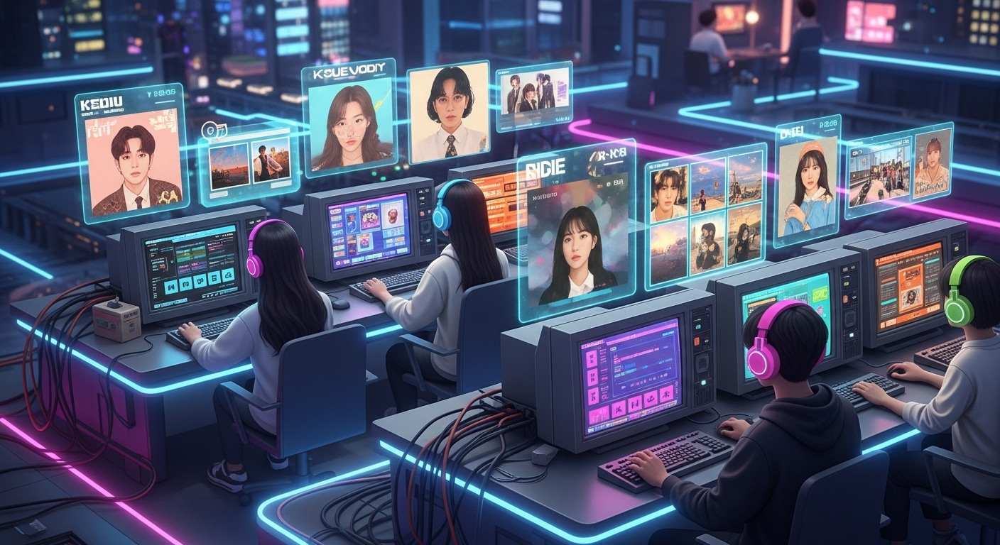 사용자가 컴퓨터로 음악과 사진을 공유하며 활발히 소통하는 디지털 커뮤니티