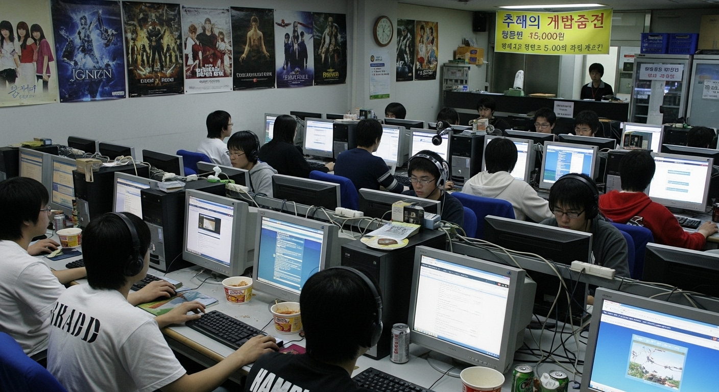 고속 인터넷 환경에서 젊은이들이 데스크톱 컴퓨터를 사용하는 한국의 초기 PC방 모습