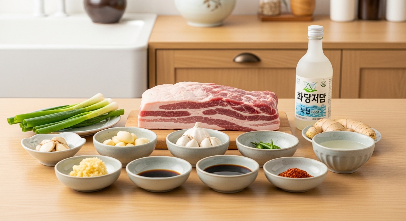 한국 가정의 주방에서 신선한 삼겹살과 요리 재료들이 준비된 모습