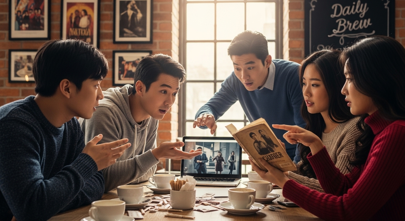 젊은이들이 카페에서 드라마 관련 토론하는 모습