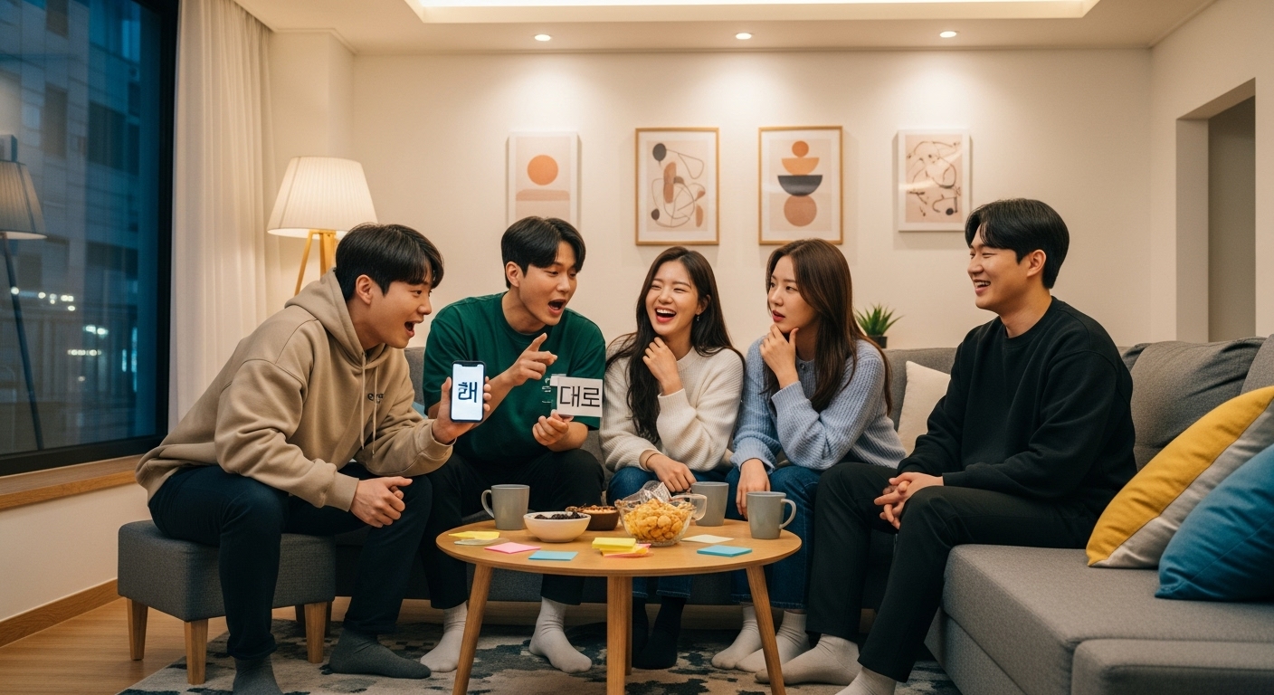 현대적인 방에서 젊은이들이 말장난 게임을 즐기는 모습