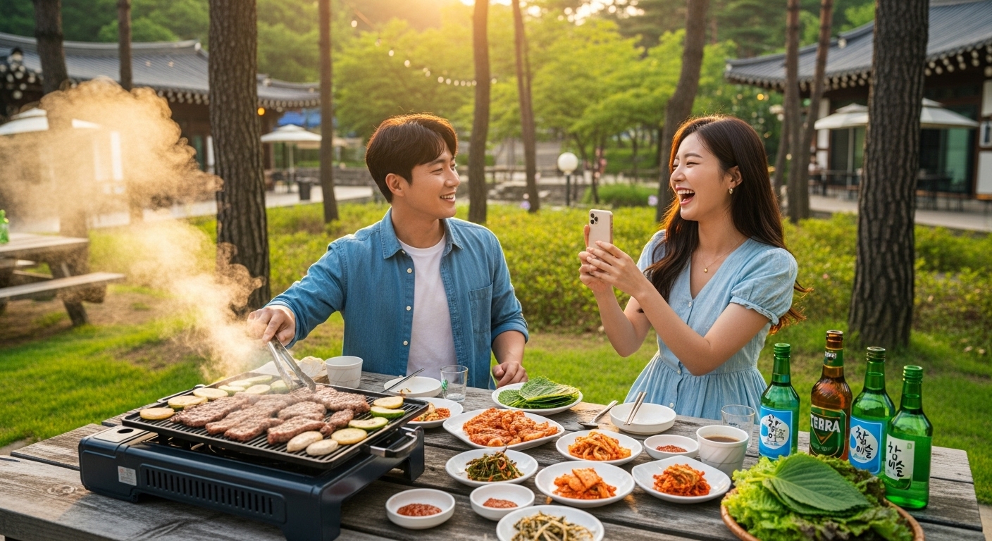 척산온천휴양촌의 푸른 자연 속에서 바베큐를 즐기는 커플