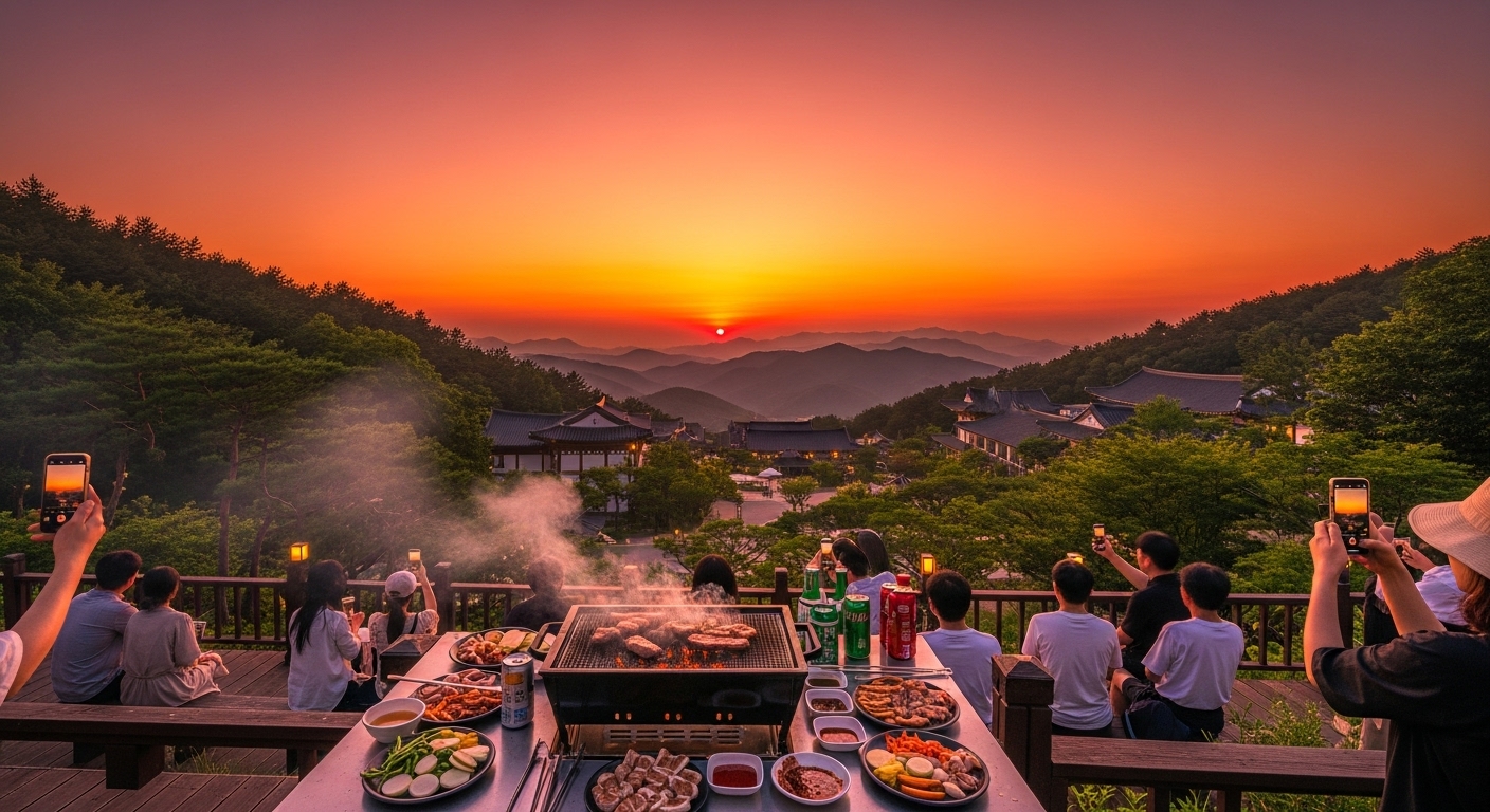 오렌지빛 하늘 아래 바베큐 세트와 사진을 찍는 사람들