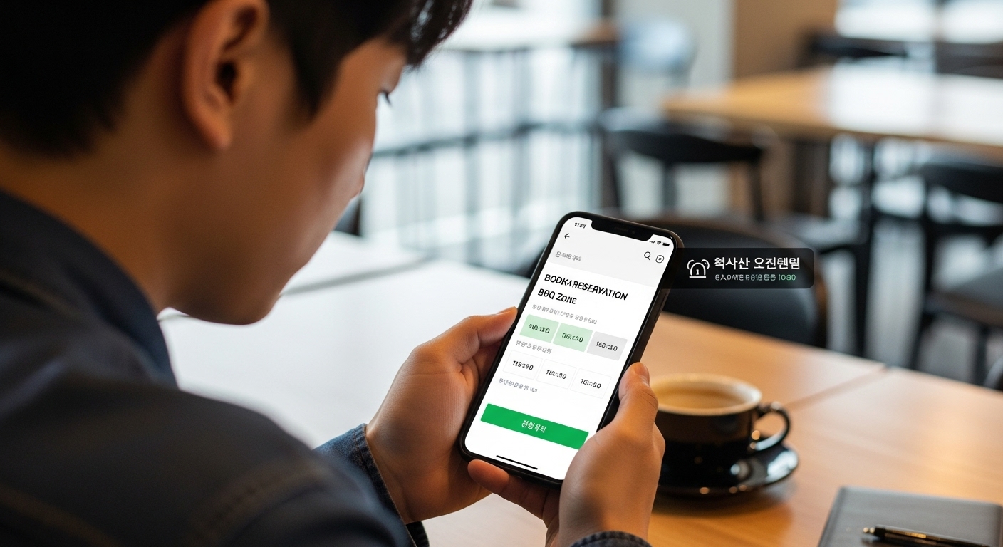 스마트폰으로 척산온천 바베큐존 예약 알람을 설정하는 모습