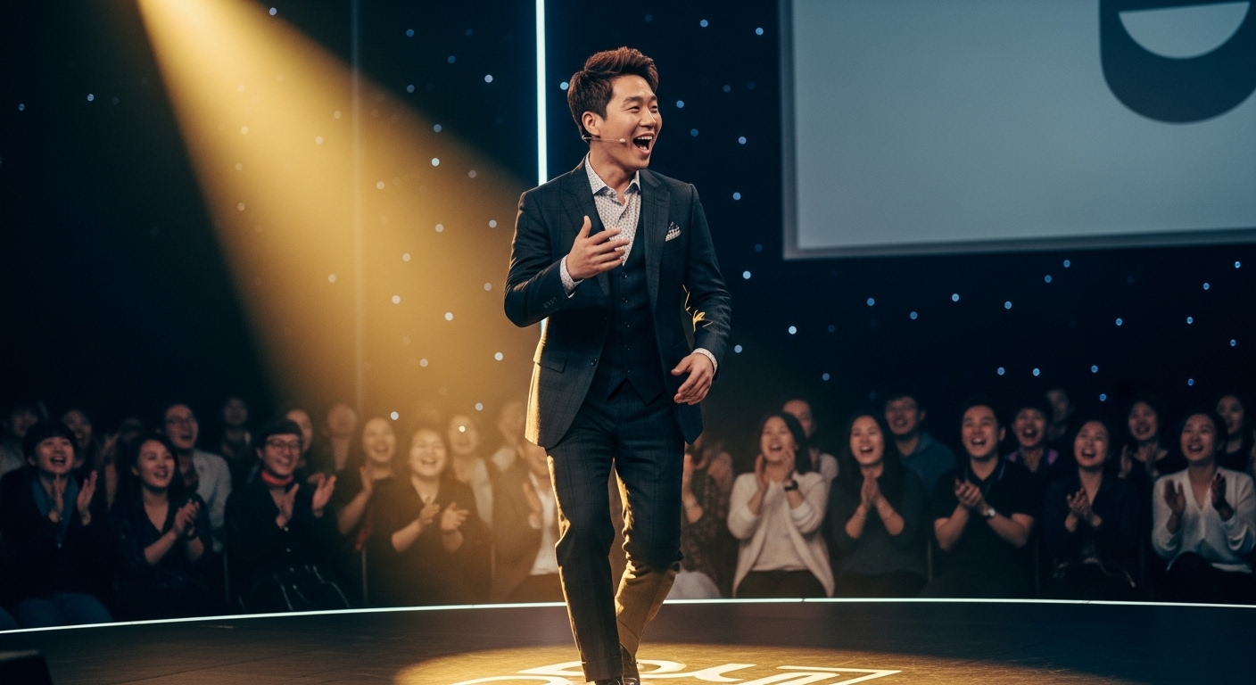 무대 위에서 관객들과 함께 웃음을 주고 있는 현대적인 한국 코미디언 모습