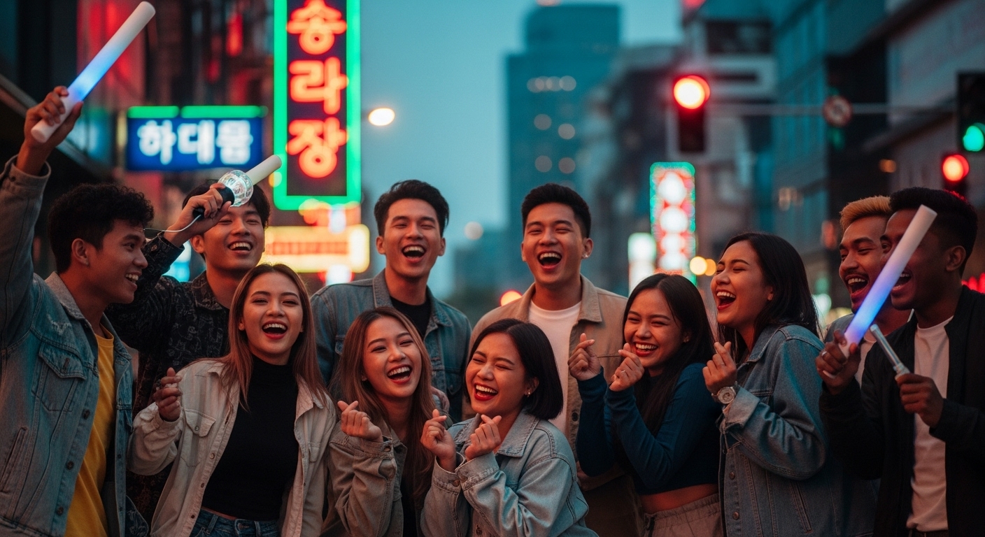 한국과 동남아시아 친구들이 도시 야경 속에서 K-JPOP을 즐기는 장면