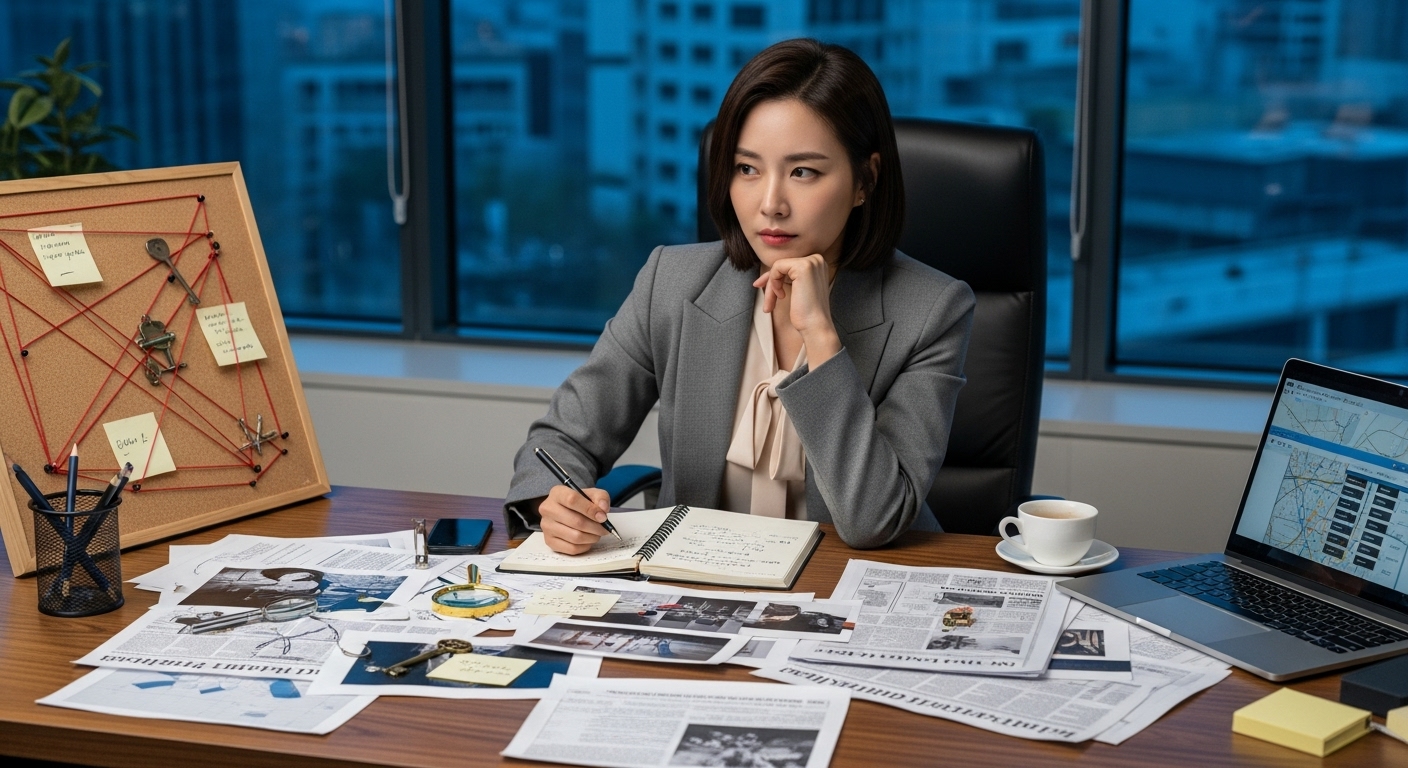 스타일리시한 오피스룩을 입고 복잡한 미스터리 단서를 책상 위에 놓고 고민하는 결단력 있는 여성