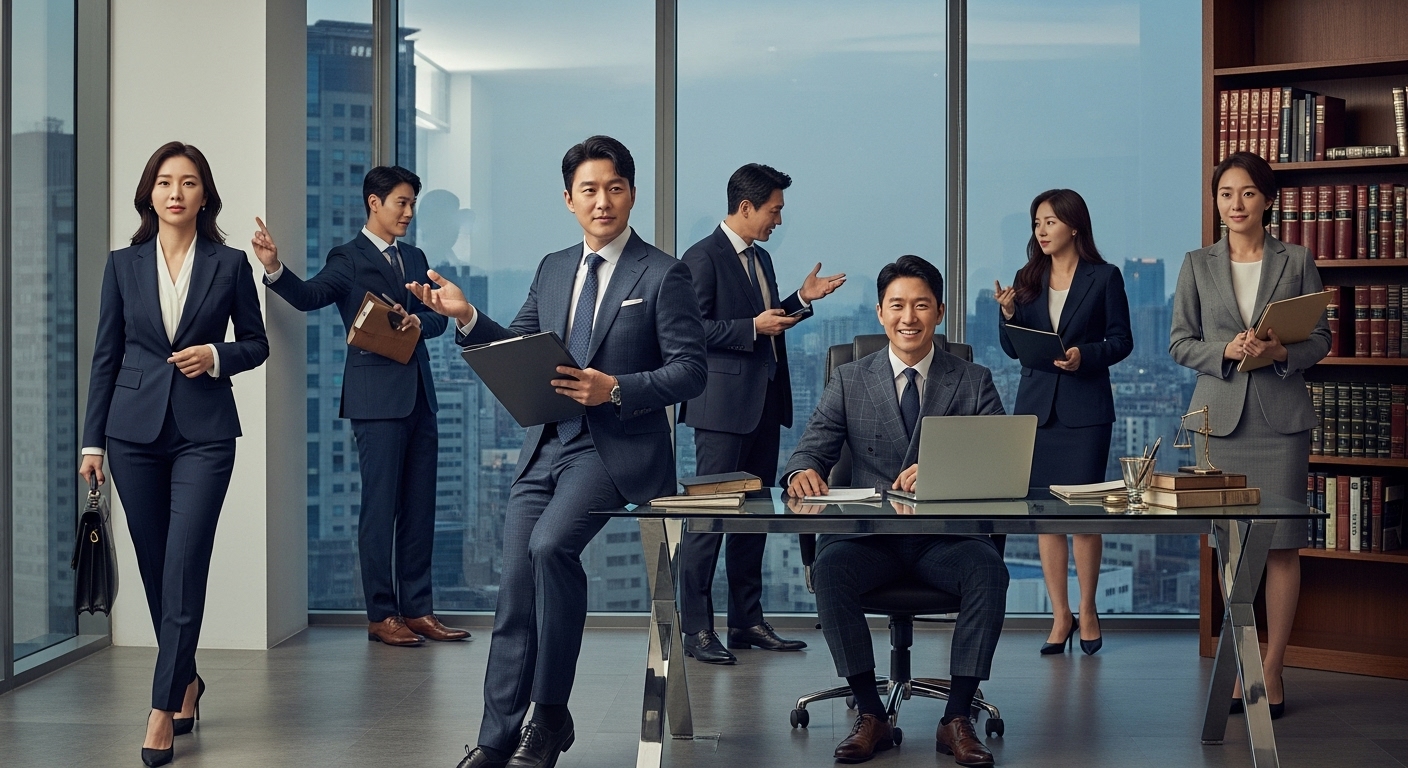 다양한 한국 배우들이 변호사로 분장하고 현대적인 오피스 배경에서 촬영한 사진