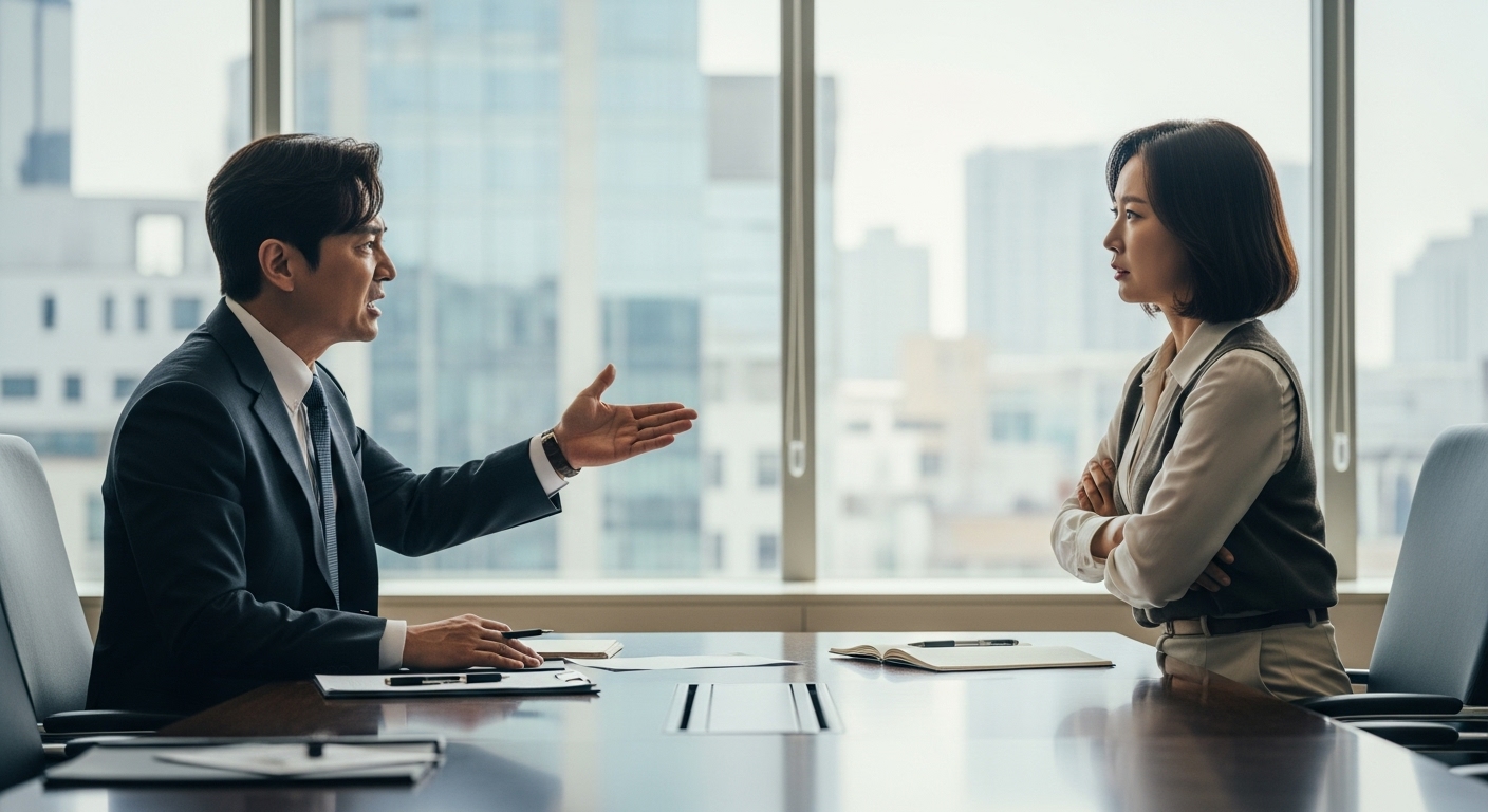 두 명의 한국인이 현대 회의실에서 대조되는 성격과 철학으로 열띤 토론을 벌이는 모습