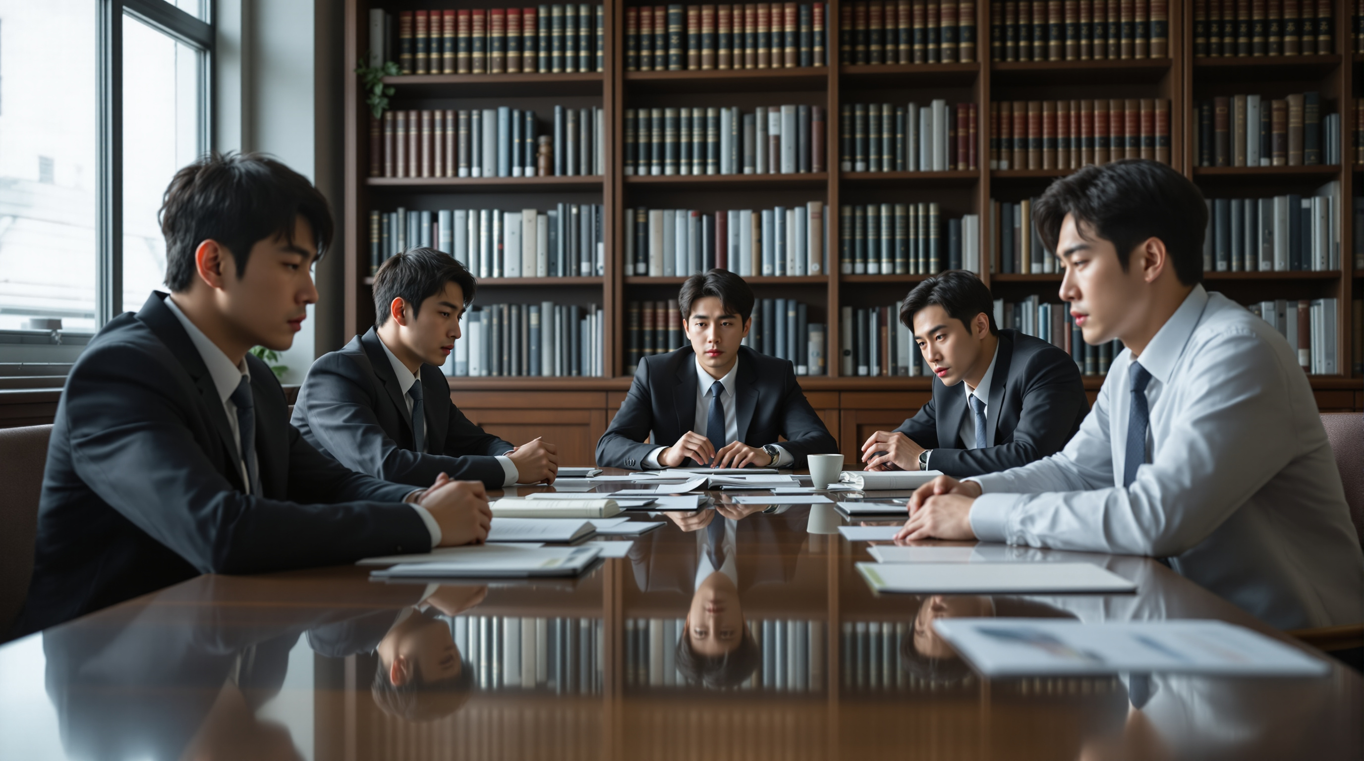 법률 도서관에서 여섯 명의 배우들이 진지한 표정을 짓고 있는 모습으로 사회 정의 테마 강조