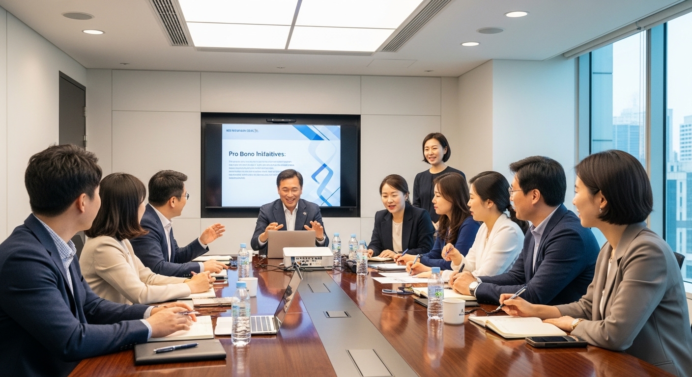 현대적인 회의실에서 프로보노 활동을 논의하는 전문가들
