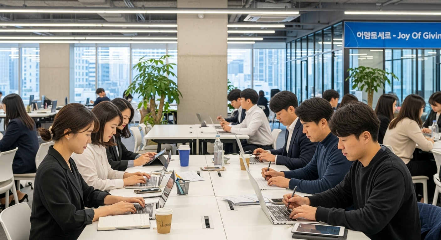 젊은 한국인들이 노트북과 태블릿으로 프로그램에 등록하는 분주한 사무실 풍경