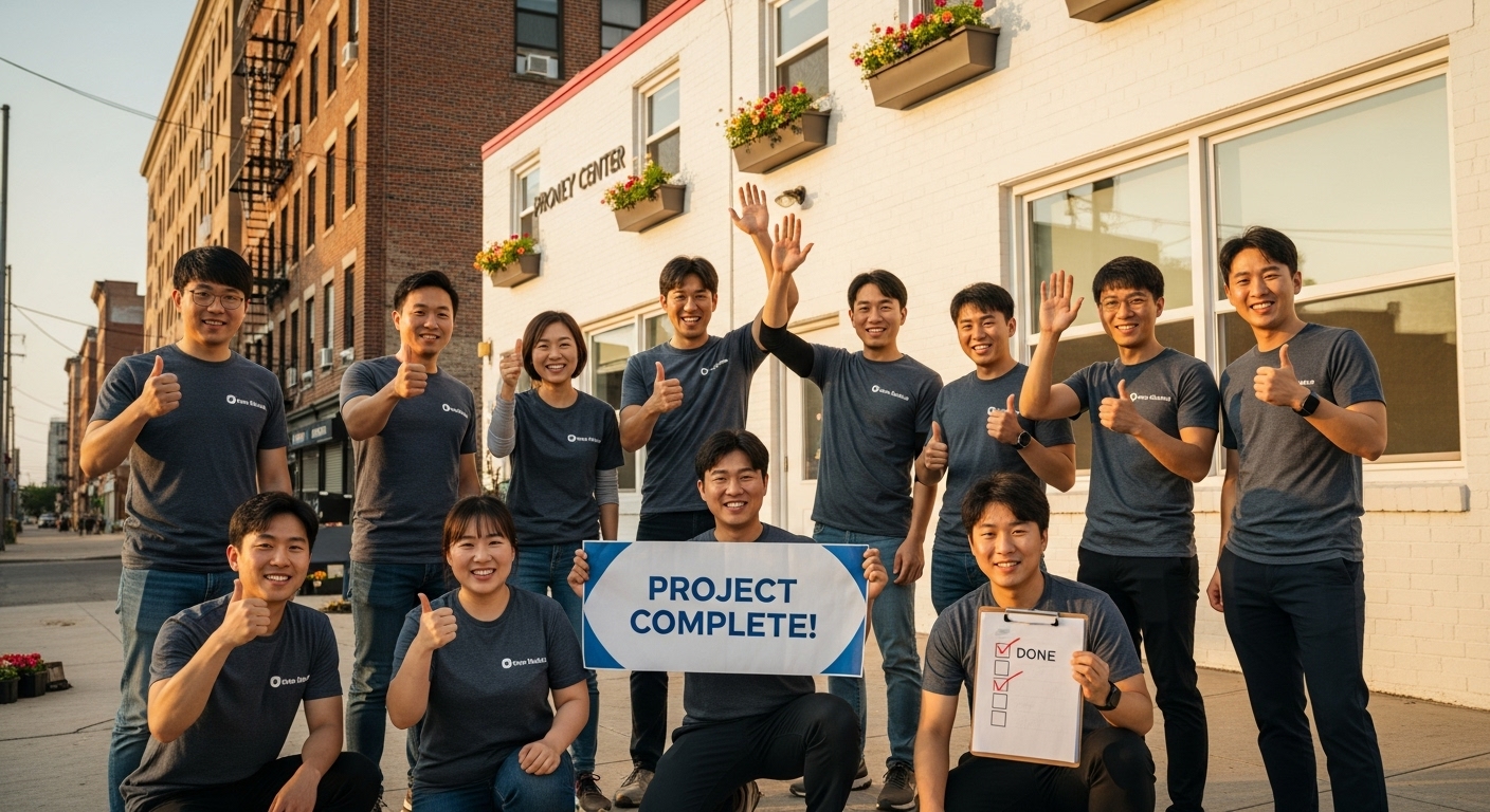 도시 환경에서 프로젝트 완료 후 성공을 축하하는 한국인 자원봉사팀