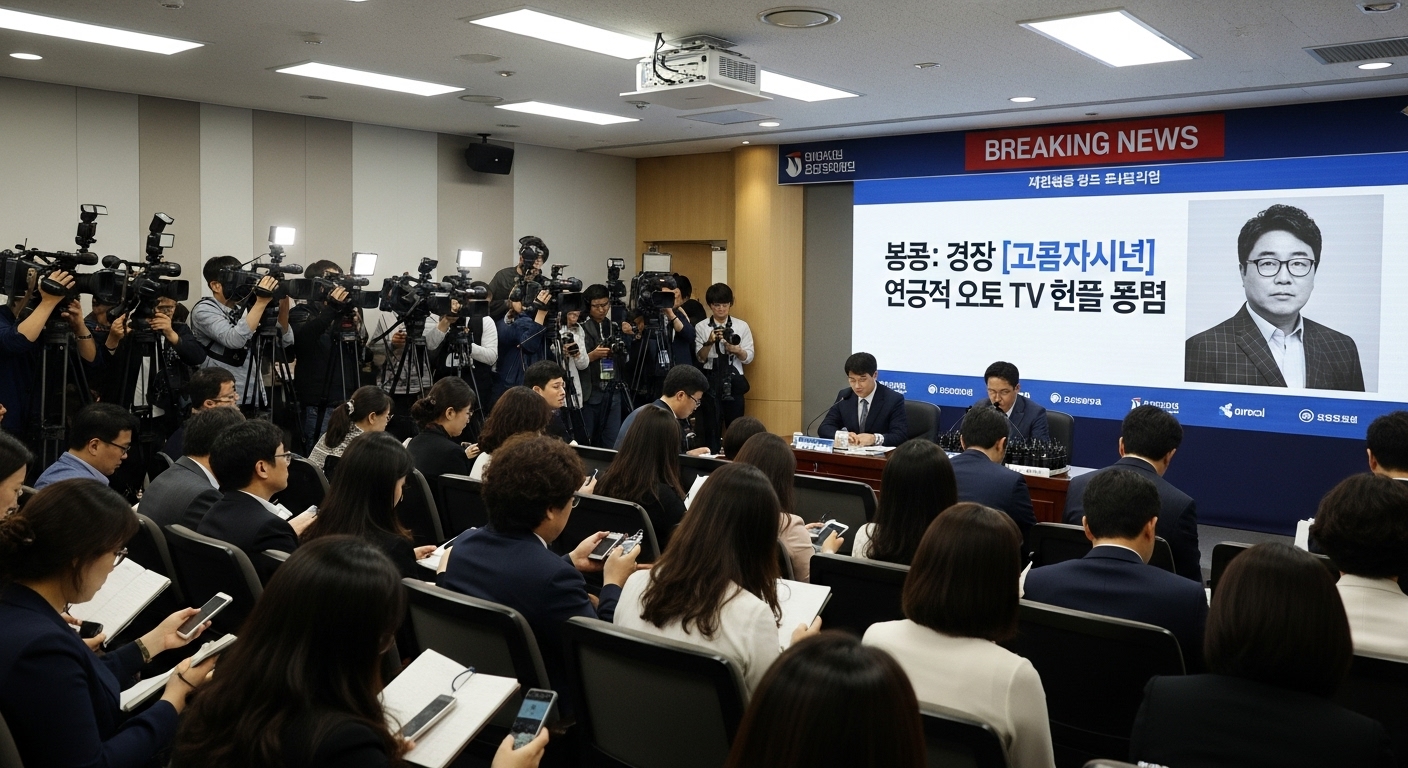 기자들과 카메라로 가득 찬 기자회견장, 유명 코미디언 하차 뉴스 브리핑