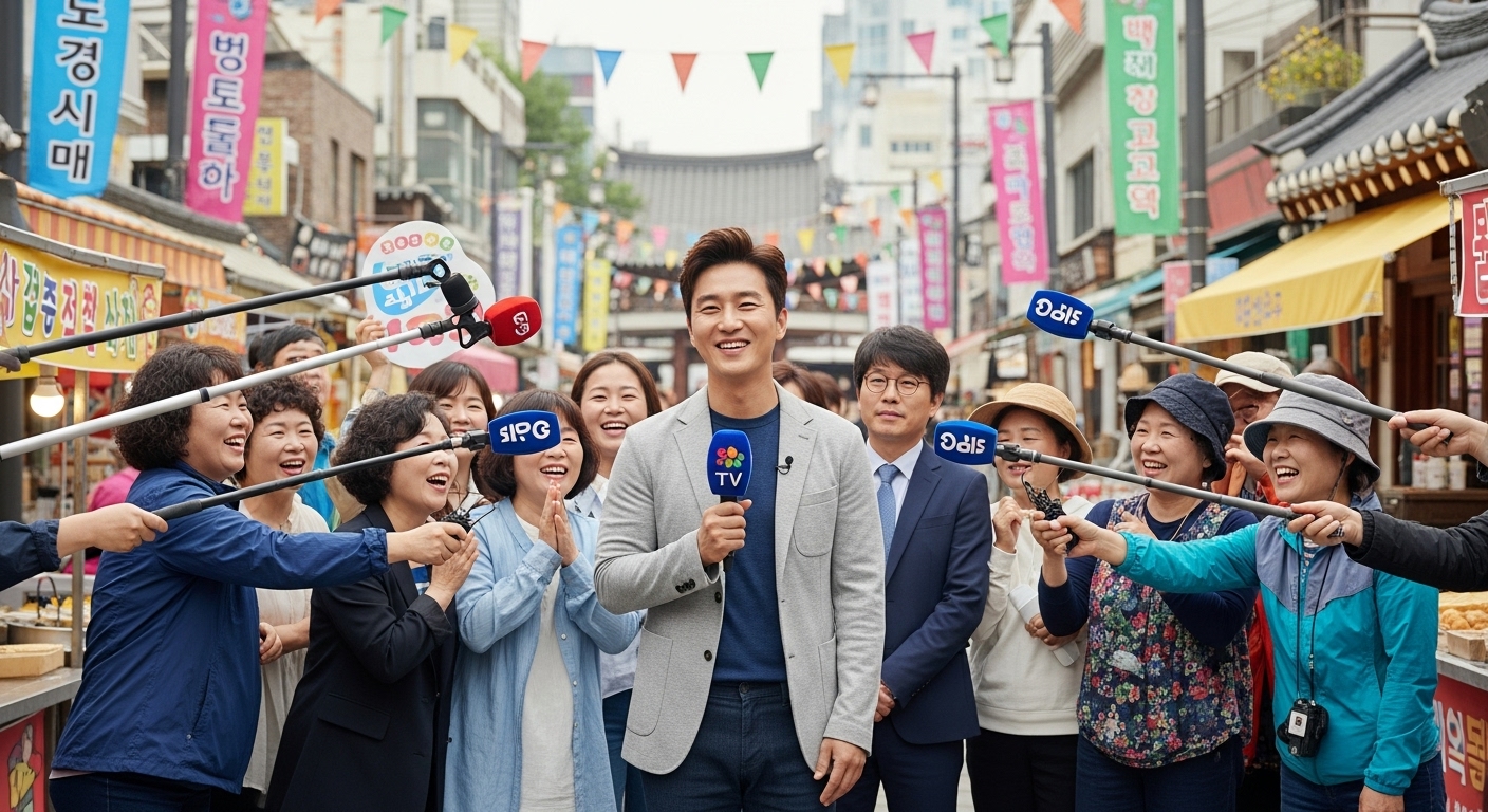 거리 세트장에서 다양한 시민들과 교류하는 한국 TV 진행자