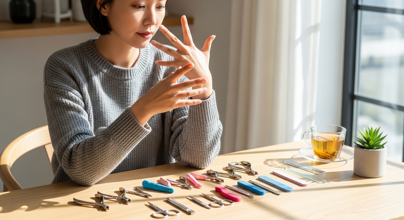 현대 여성이 밝은 방에서 손톱을 보며 다양한 손톱깎이를 살펴보는 모습