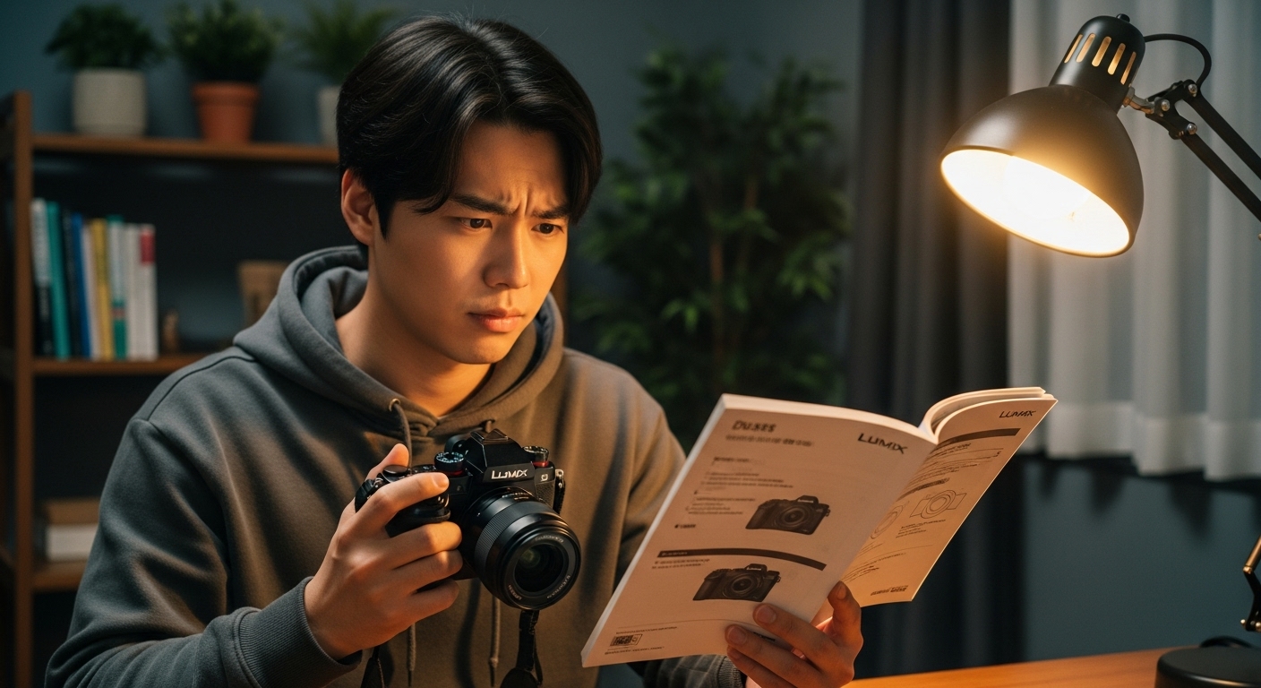 카메라를 들고 사용 설명서를 보며 고민하는 초보자의 모습