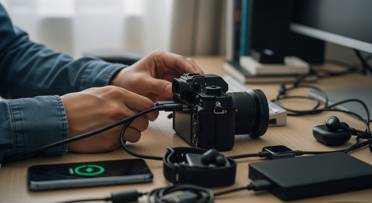책상 위에서 USB-C 케이블로 카메라를 충전하는 모습
