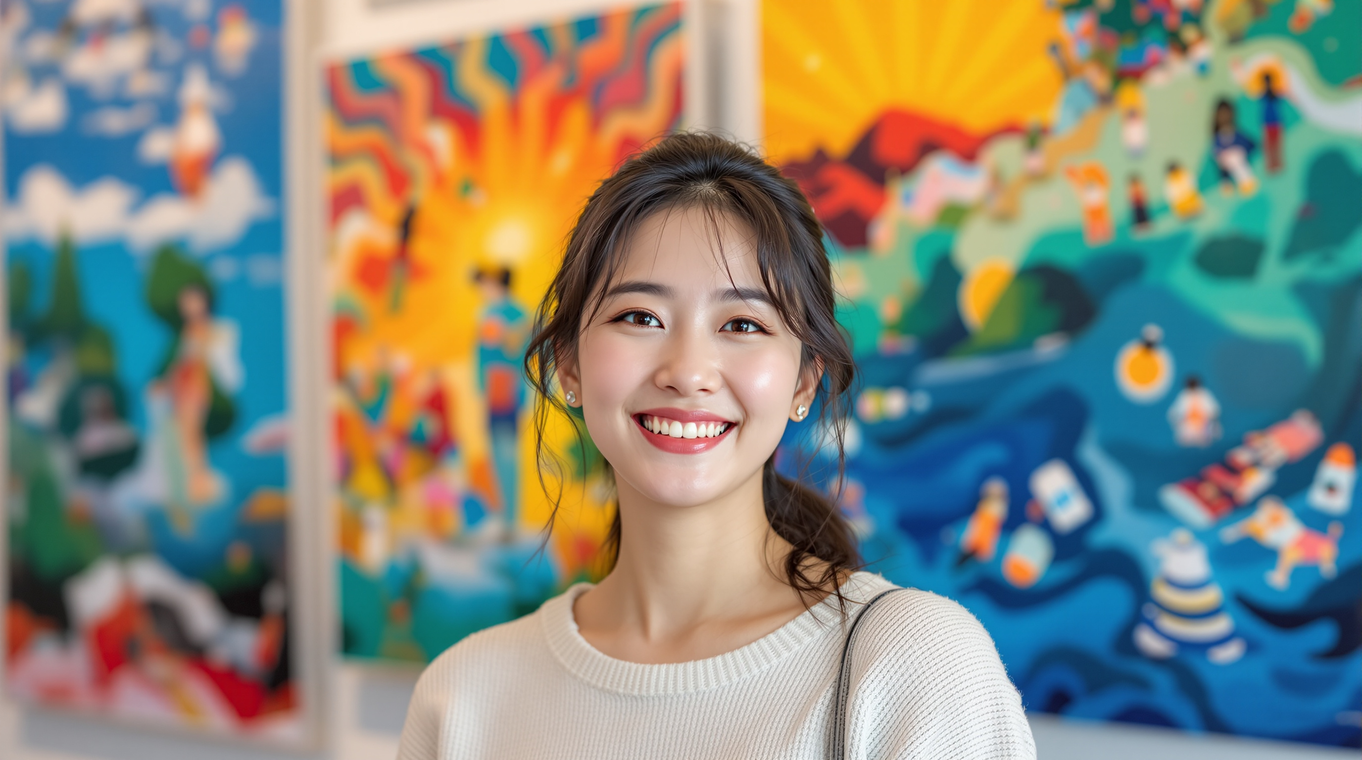 현대적인 갤러리에서 긍정적인 테마의 예술 작품에 둘러싸인 한국 여성의 자신감 있는 미소