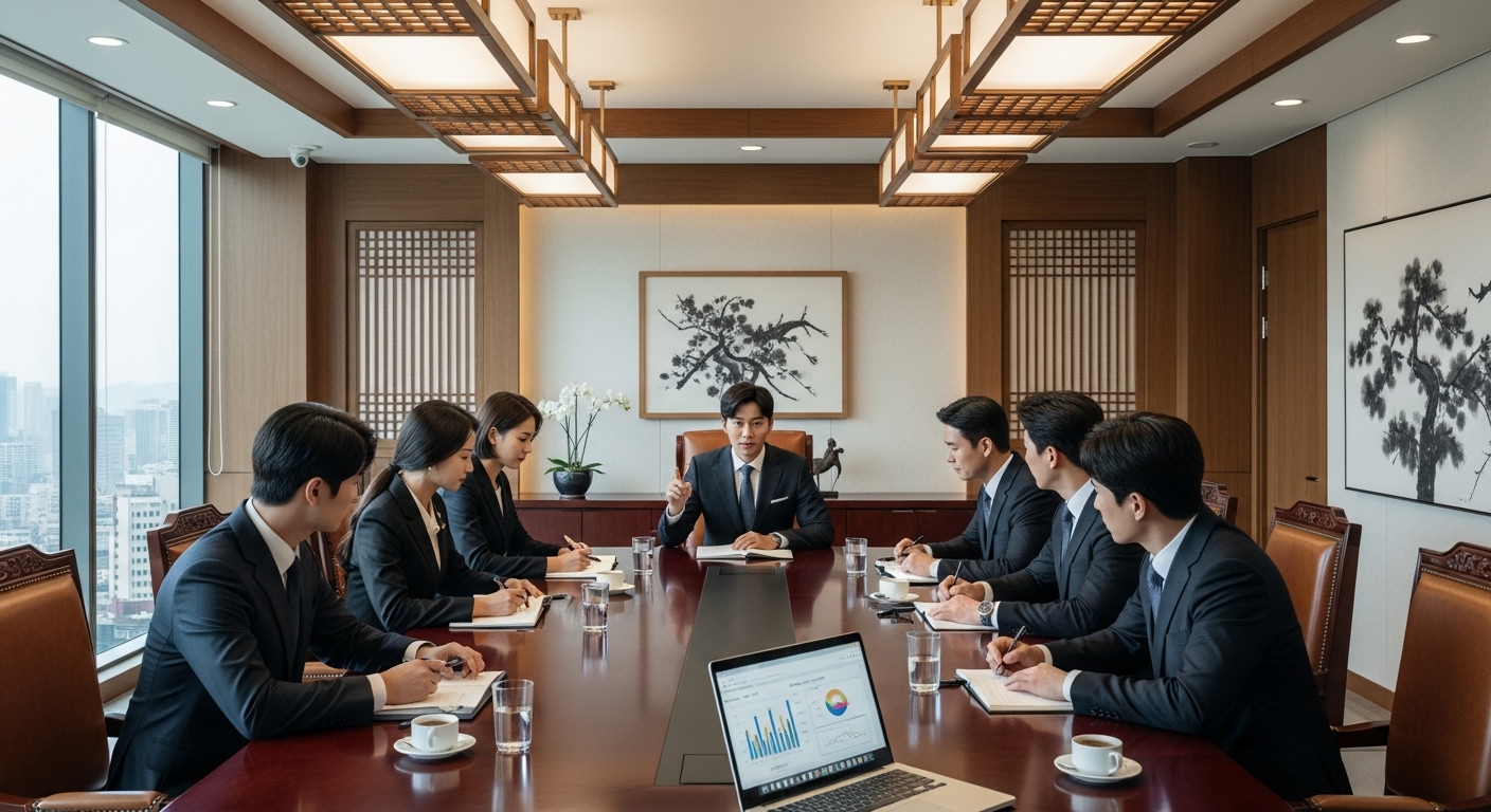 현대적인 한국 정치 사무실에서 공식 복장을 입은 젊은 관계자들이 전략을 논의하는 모습