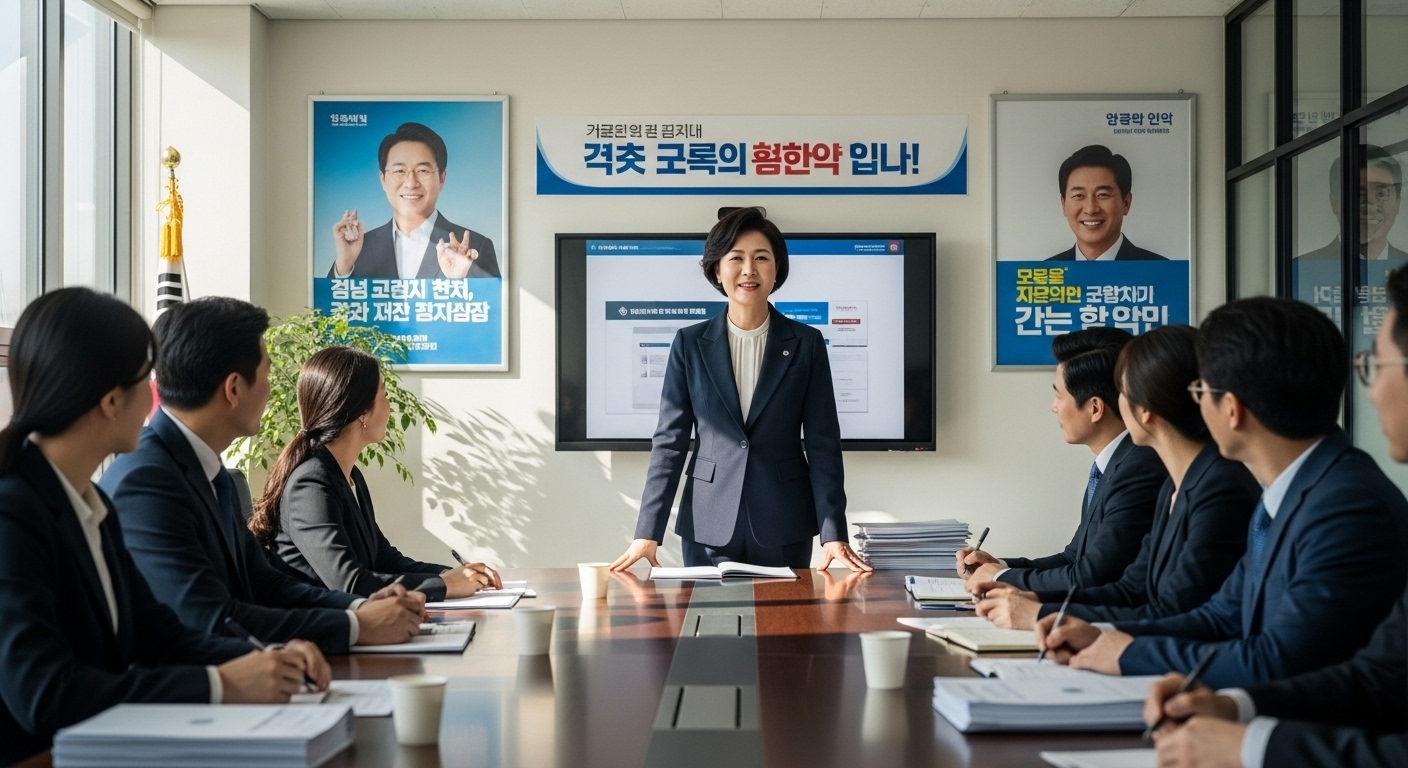 중년 한국 여성이 새로운 리더십을 맡으며 회의를 주도하는 장면