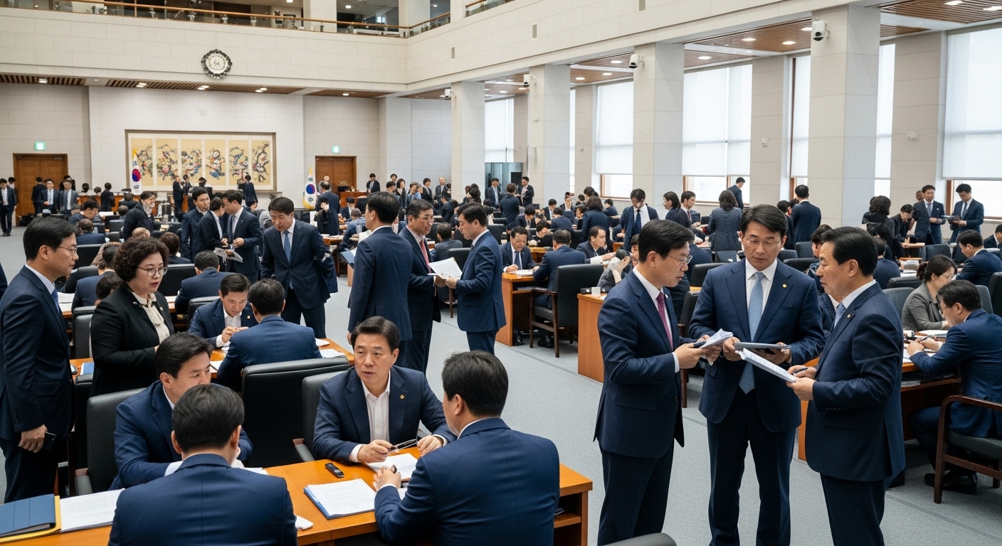 현대적인 한국 정부 건물 내부에서 활발히 움직이는 직원들과 전략적 정치 기동을 반영한 상호작용