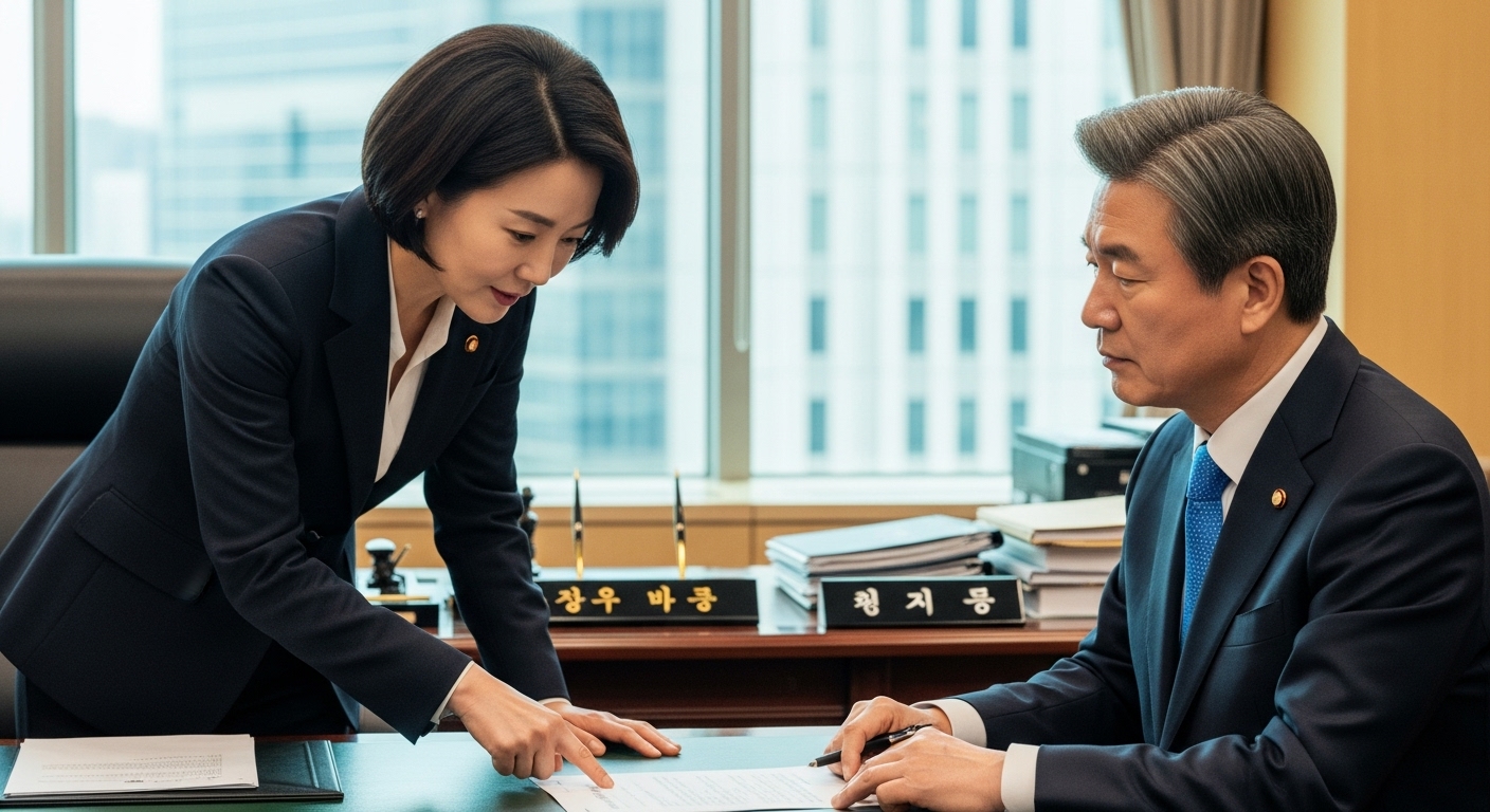 세련된 대통령 집무실 공간에서 깊은 신뢰와 협력을 나타내는 순간
